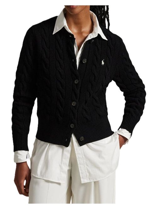 Cardigan girocollo in maglia di lana e cashmere a trecce nero con ricamo Pony Polo Ralph Lauren | 211-972104-005POLO BLACK